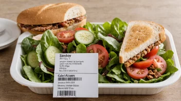 En ferdiglagt måltid, som en salat eller en sandwich, med en etikett eller emballasje som indikerer at det er en ferdiglagt produkt.