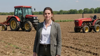 En person i en lederrolle, stående på en åker eller gård, med en traktor eller annet landbruksutstyr i bakgrunnen.