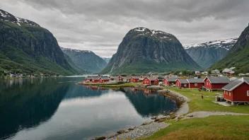 Et tradisjonelt norsk bygdesamfunn med mennesker i tradisjonelle klær, omgitt av fjell og fjorder.