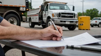 En person som signerer en kontrakt med en bergingsbil i bakgrunnen.