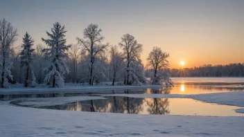 En fredelig vintermorgen med en varm sol som stiger over et frosset landskap.