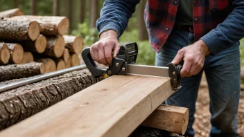 En tømmerbinder i en skog, binder sammen logger med en kjede.