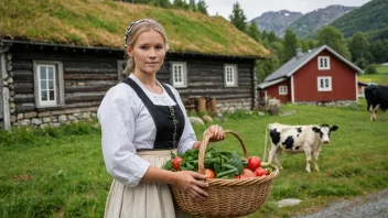 En kvinne i tradisjonell norsk klesdrakt, stående foran en gård, med en kurv med grønnsaker og en ku i bakgrunnen.