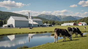 En meierigård i Norge, med kuer som beiter i bakgrunnen og en melkeprosessanlegg i forgrunnen.