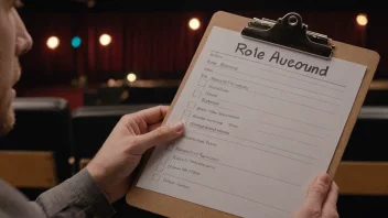 En person som holder en clipboard med en liste over roller, med en film eller teaterbakgrunn.