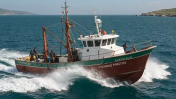 Et bilde av en fiskebåt med en grønn og blå bakgrunn, som representerer bærekraftige fiskepraksiser.