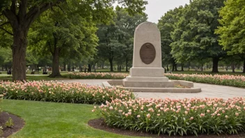 Et memorial i en park, med en bronseplate og omgitt av blomster og trær.