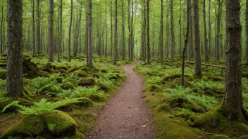 Et idyllisk landskap av en norsk skog med en vandrersti, som representerer allemannsrettigheten.