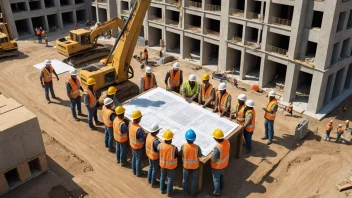 En byggeplass med entreprenører og ingeniører som signerer kontrakter.