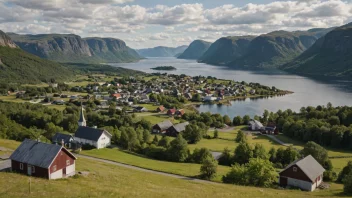 Et pittoreskt norsk landskap med en liten bosetning i det fjerne.