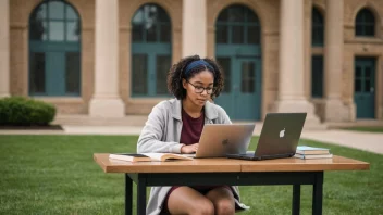 En person som studerer med bøker og en laptop, med en subtil bakgrunn av en universitet eller skolebygning.