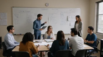 Et team mennesker som samarbeider om en kampanje, med en whiteboard og laptoper.