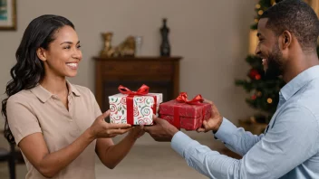 En person som overrekker en gave til en annen person med et smil, symboliserer handlingen å gi og motta.