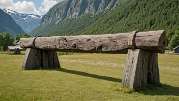 En gammel trebjelkekonstruksjon i et norsk landskap.