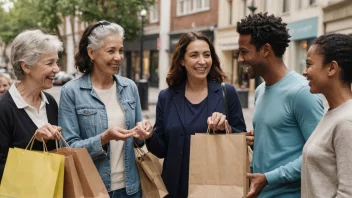 En gruppe mennesker fra ulike aldersgrupper og bakgrunner som står sammen, holder shoppingposer og smiler på hverandre.