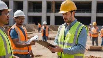 En byggeplass med en person i en gul vest og en hardhatt, som holder en clipboard og dirigerer andre arbeidere.