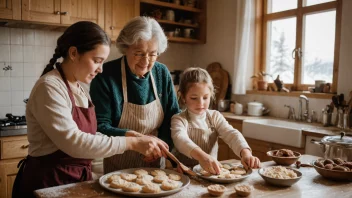 En bestemor og hennes barnebarn baker kjeks sammen i et tradisjonelt norsk kjøkken.