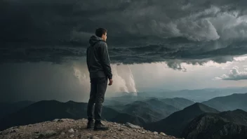 En person som står alene på et fjelltopp, med en bestemt uttrykk i ansiktet, omgitt av stormfullt vær.