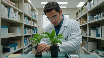 En forsker studerer en plante i et laboratorium.