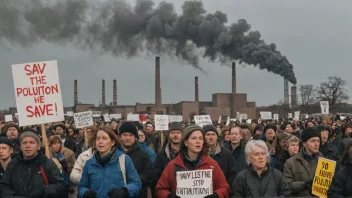 En gruppe mennesker som protesterer mot miljøforurensning og ødeleggelse, med en fabrikk eller industriområde i bakgrunnen.