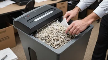 En person i et kontor som makulerer dokumenter med en papirhakkemaskin, med filer og dokumenter i bakgrunnen