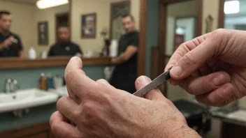 En barbers hånd holder en rett barberkniv med et skarpt blad.