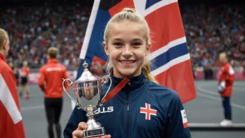 En ung norsk idrettsutøver holder stolt en pokal og smiler, med et norsk flagg i bakgrunnen.