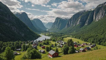 Et fredelig landskap av en norsk dal med en liten landsby i det fjerne.