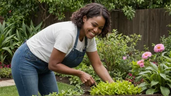 En person som passer en frodig hage med ulike typer planter og blomster.