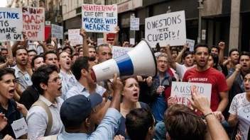 En dramatisk illustrasjon av en gruppe mennesker som protesterer og roper i gatene.