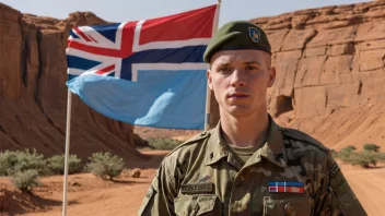 En norsk soldat i MINUSMA-uniform, stående foran et FN-flagg.