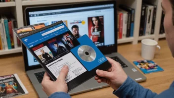 En person som holder en DVD eller Blu-ray disc med en filmcover, med en handlepose eller en dataskjerm med en strømmingtjeneste i bakgrunnen.