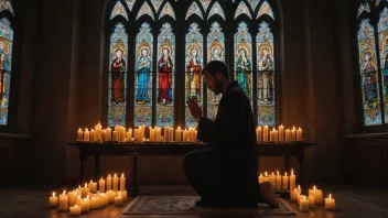 En person i en tilstand av andektighet og hengivenhet, omgitt av symboler på tro og spiritualitet.