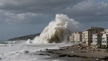 En ødeleggende flodbølge som ødelegger en kystby.