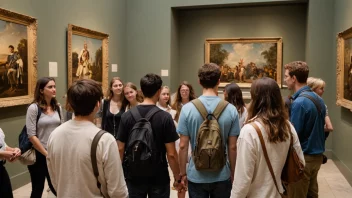 En gruppe studenter på en studiereise, besøker et museum eller historisk landemerke, med en guide eller professor som leder turen.