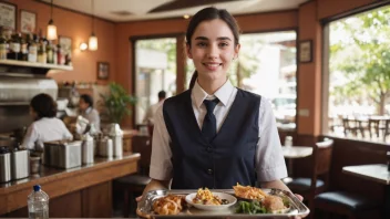 En serveringshjelp på en restaurant eller kafe, som bærer en bakke med mat og drikke.