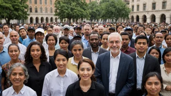 En mangfoldig gruppe mennesker fra ulike etnisiteter, nasjonaliteter, kulturer og religioner samlet i en byplass.