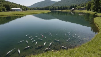 En aureoppdrett med fisk som svømmer i vannet og et naturskjønt landskap i bakgrunnen.