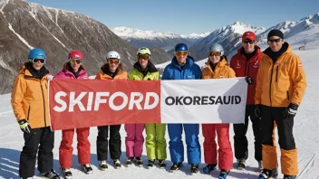 En gruppe mennesker i skidress, som representerer et skiforbund, står foran en skistasjon.