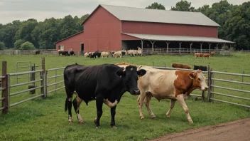 En kvegfarm med kuer i bakgrunnen og en ku som blir ledet til et slakteri i forgrunnen.