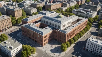 Et bilde av Folketeaterkvartalet i Oslo, som viser Folketeateret-bygningen og nærliggende gater, med mennesker som deltar på kulturelle arrangementer og forestillinger.