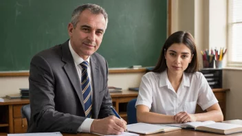 En person i en formell drakt, sittende ved et skrivebord med papirer og en penn, med en skole eller utdanningsinstitusjon i bakgrunnen.