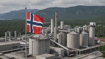 En sementfabrikk med en stor skorstein og et norsk flagg som vifter i vinden