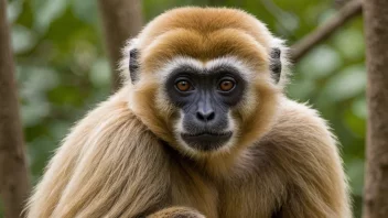 En gibbon som henger fra en gren, med sine lange armer og smidige hender synlige.