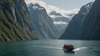 En båt som frakter personer i en naturskjønn fjord.