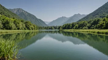 Et fredelig og malerisk bilde av en elv eller innsjø med rolige bølger på vannoverflaten, omgitt av frodig vegetasjon og majestetiske fjell i bakgrunnen.