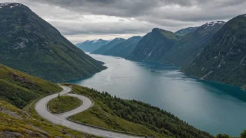 En fjellvei som slynger seg gjennom fjellene, med en storslagen utsikt over en fjord i bakgrunnen