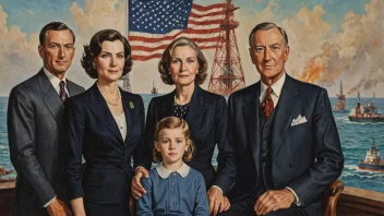 Et portrett av den innflytelsesrike Rockefeller-familien, med en bakgrunn av oljeplattformer og det amerikanske flagget, som symboliserer deres formue og innflytelse i oljeindustrien og amerikansk politikk.