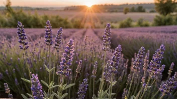 En vakker mark med lavendel og noen stengler våronn i forgrunnen.