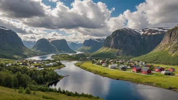 Et pittoreskt sted i Norge med en blanding av tradisjonelle og moderne hus, omgitt av fjell og vann.